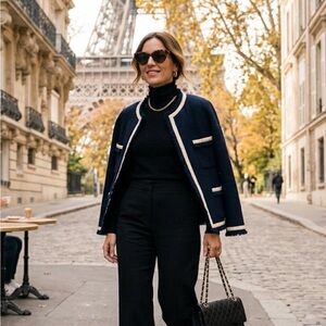 Vintage CHANEL Navy Tweed Fringed Jacket with Cream Vinyl Trim SZ40